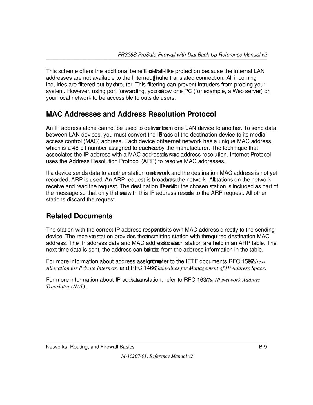 NETGEAR FR328S manual MAC Addresses and Address Resolution Protocol, Related Documents 