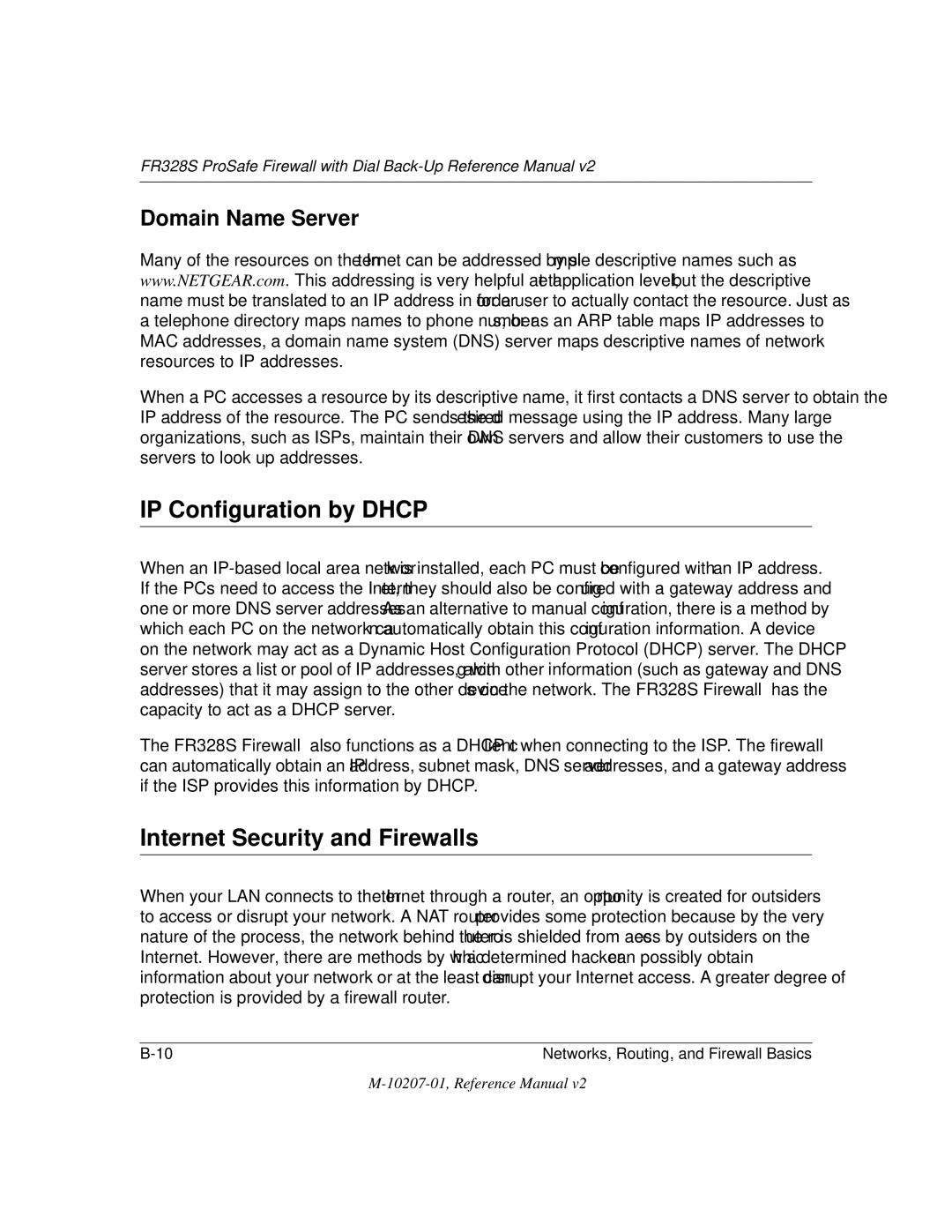 NETGEAR FR328S manual IP Configuration by Dhcp, Internet Security and Firewalls, Domain Name Server 