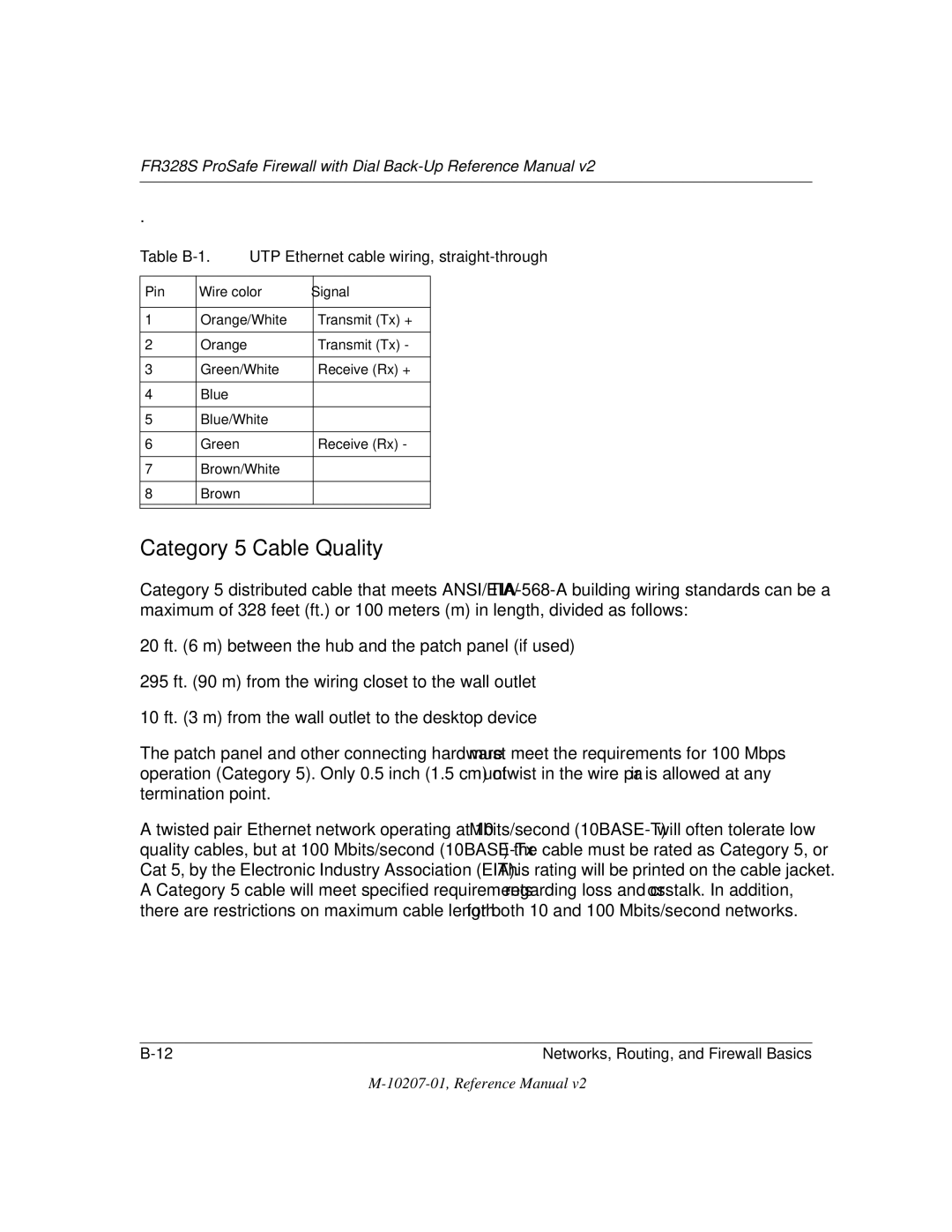 NETGEAR FR328S manual Category 5 Cable Quality, Table B-1 UTP Ethernet cable wiring, straight-through 