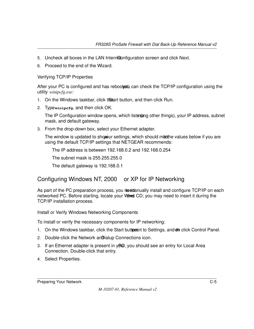 NETGEAR FR328S manual Configuring Windows NT, 2000 or XP for IP Networking, Verifying TCP/IP Properties 