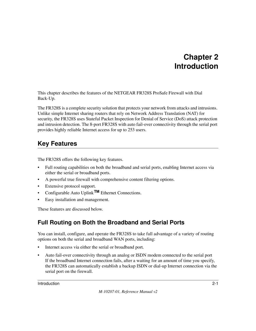 NETGEAR FR328S manual Chapter Introduction, Key Features, Full Routing on Both the Broadband and Serial Ports 