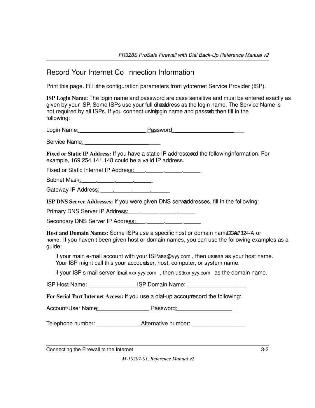 NETGEAR FR328S manual Record Your Internet Connection Information 