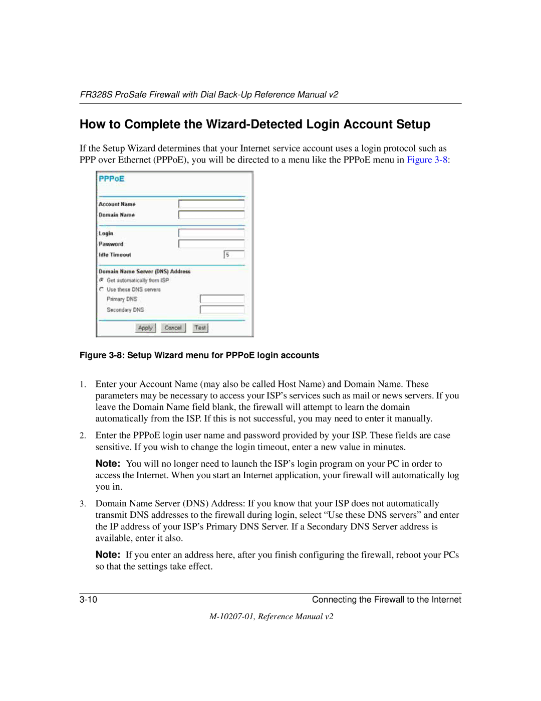 NETGEAR FR328S manual How to Complete the Wizard-Detected Login Account Setup, Setup Wizard menu for PPPoE login accounts 