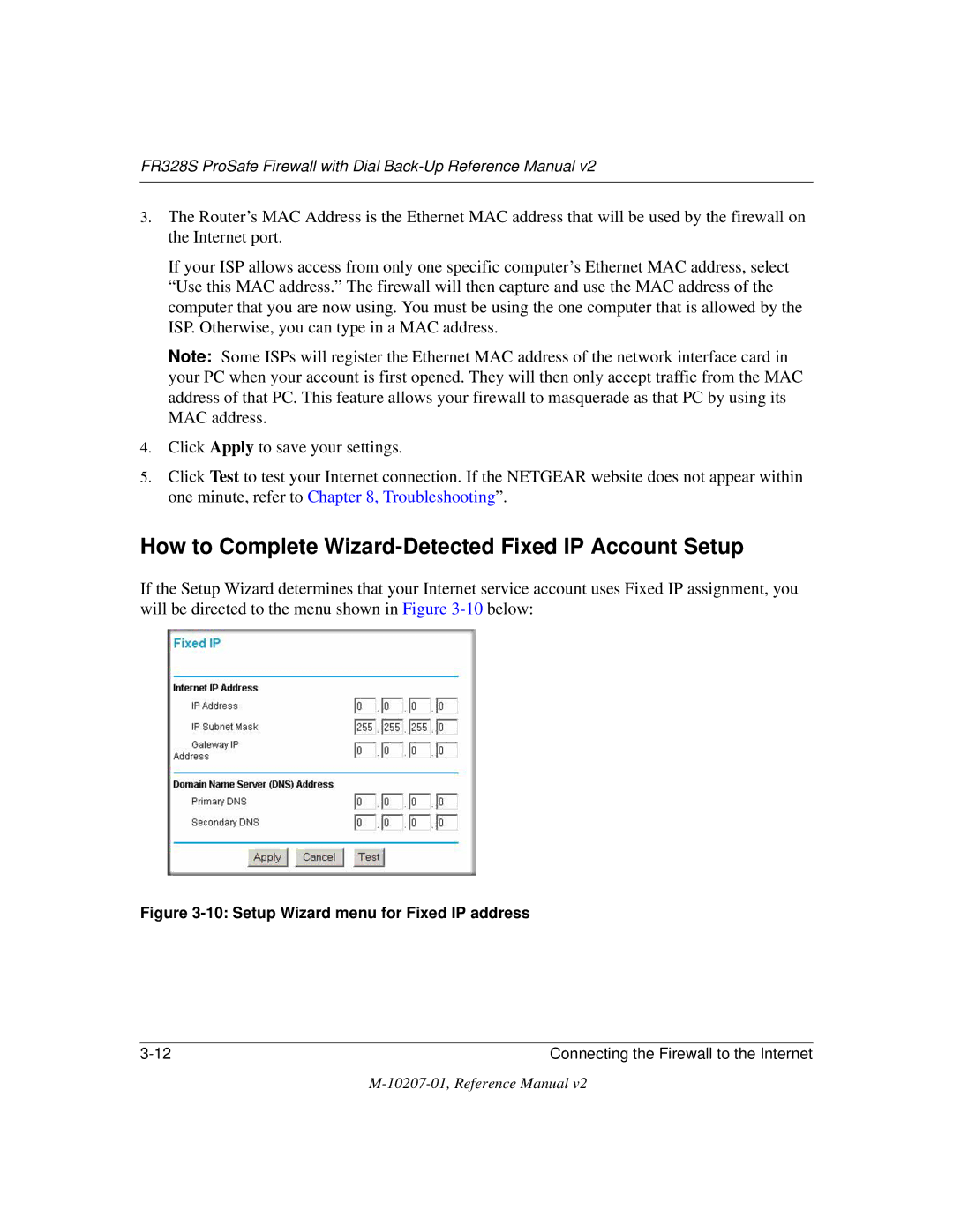 NETGEAR FR328S manual How to Complete Wizard-Detected Fixed IP Account Setup, Setup Wizard menu for Fixed IP address 