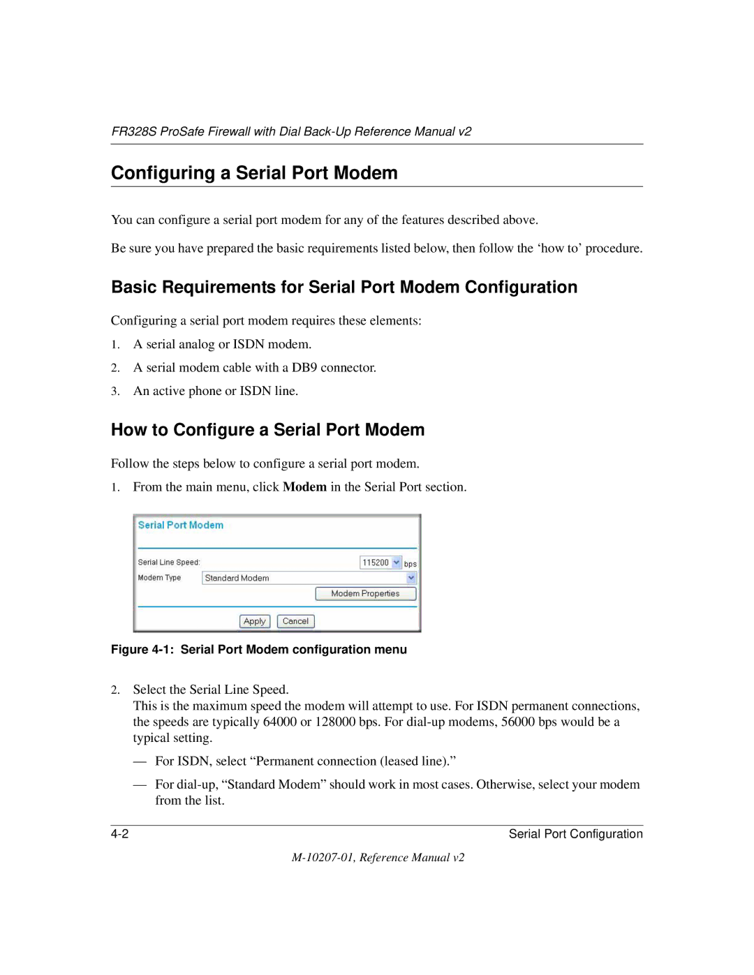 NETGEAR FR328S manual Configuring a Serial Port Modem, Basic Requirements for Serial Port Modem Configuration 