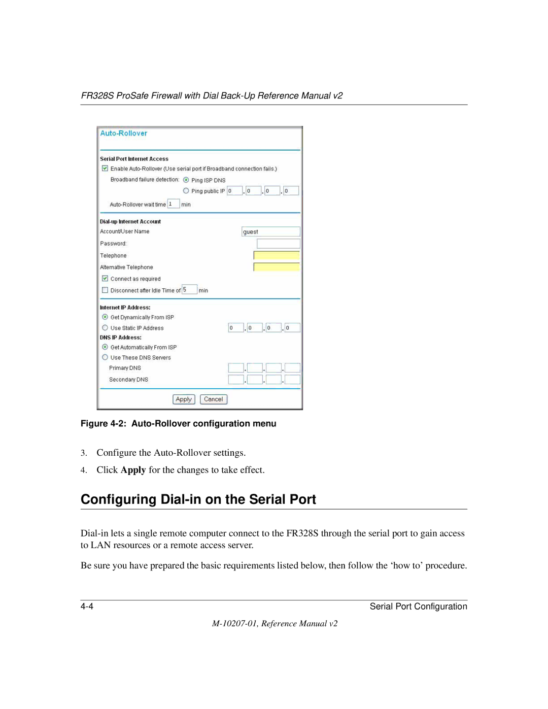 NETGEAR FR328S manual Configuring Dial-in on the Serial Port, Auto-Rollover configuration menu 