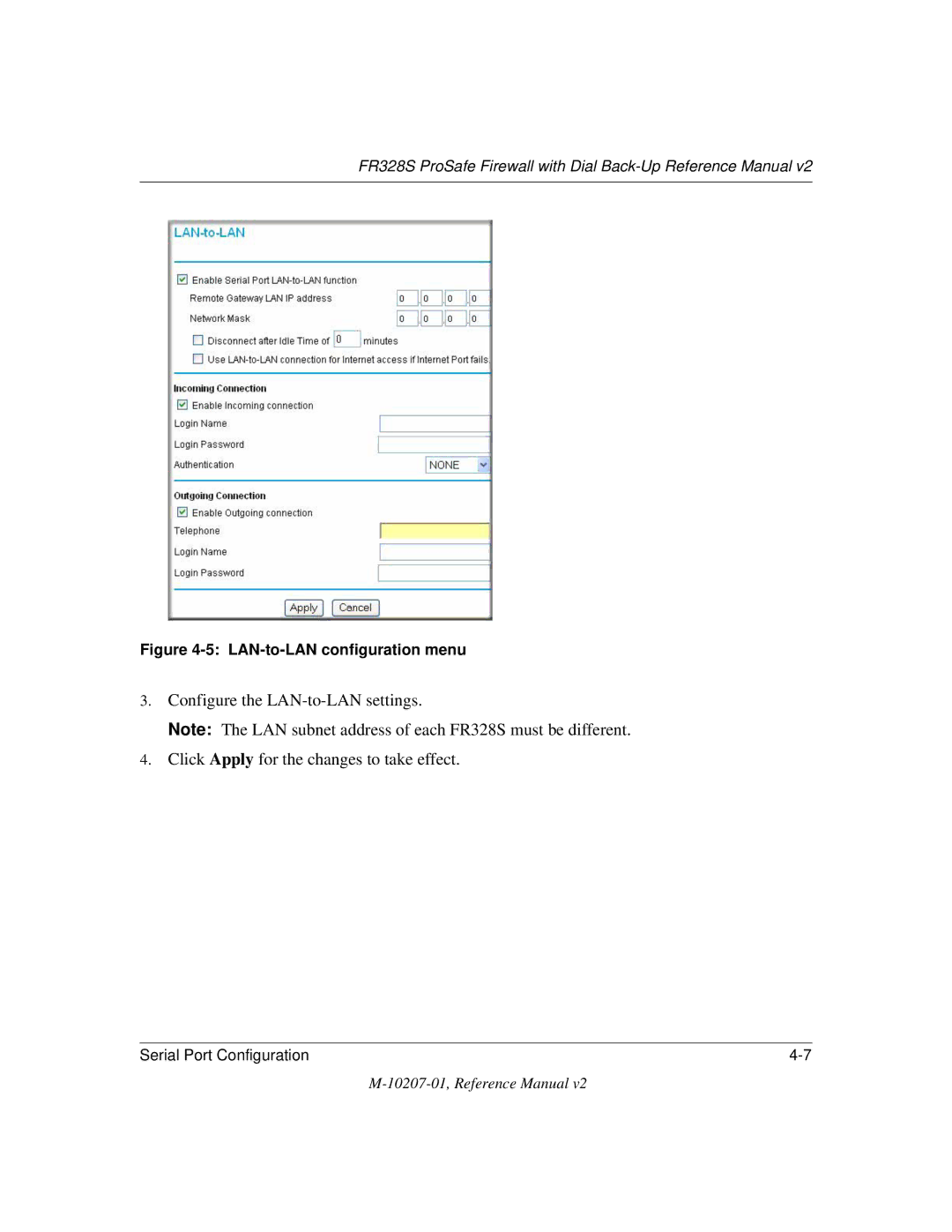 NETGEAR FR328S manual LAN-to-LAN configuration menu 