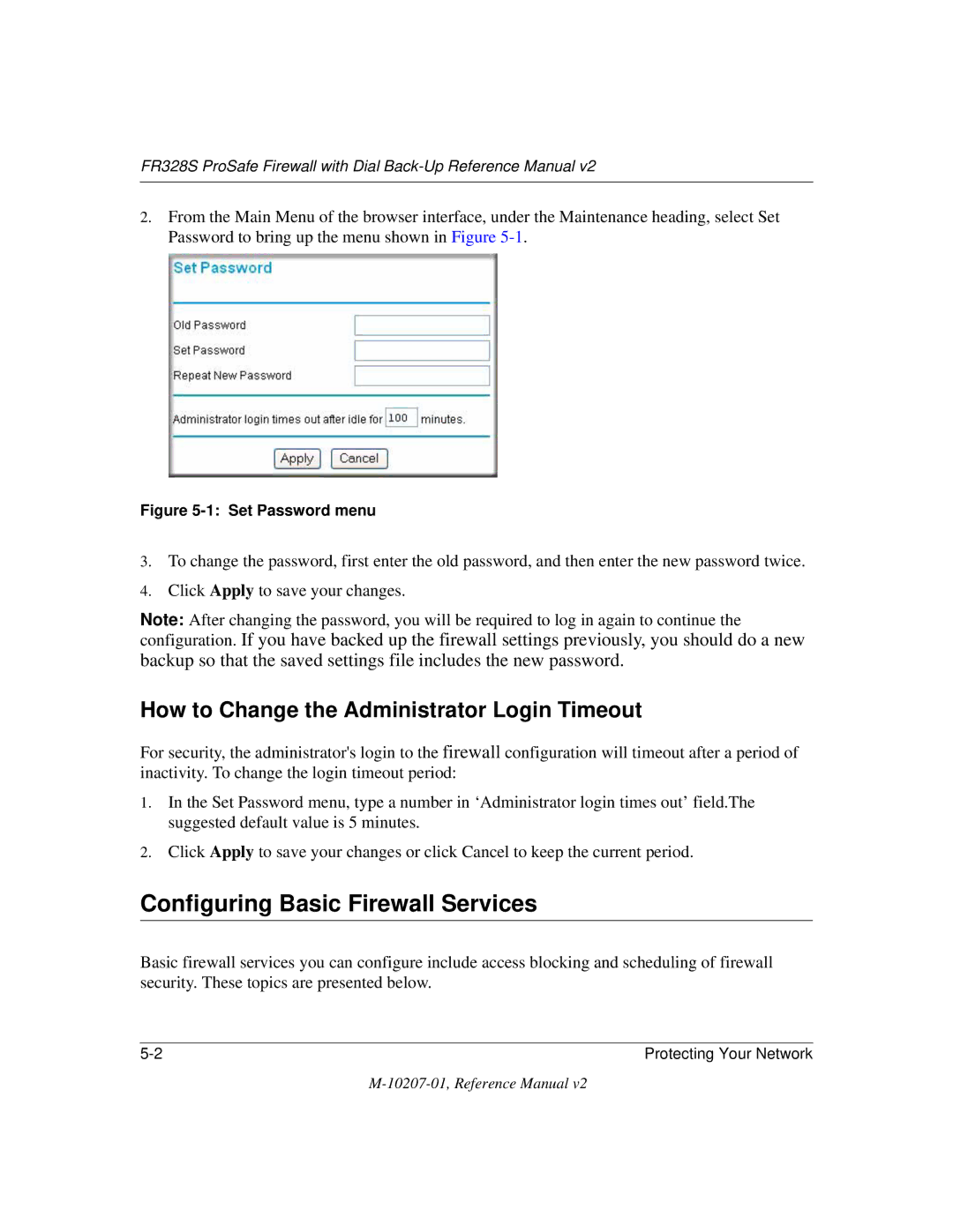 NETGEAR FR328S manual Configuring Basic Firewall Services, How to Change the Administrator Login Timeout 