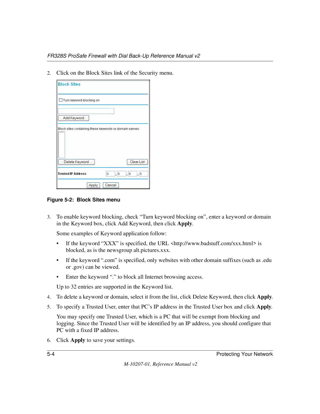 NETGEAR FR328S manual Click on the Block Sites link of the Security menu 