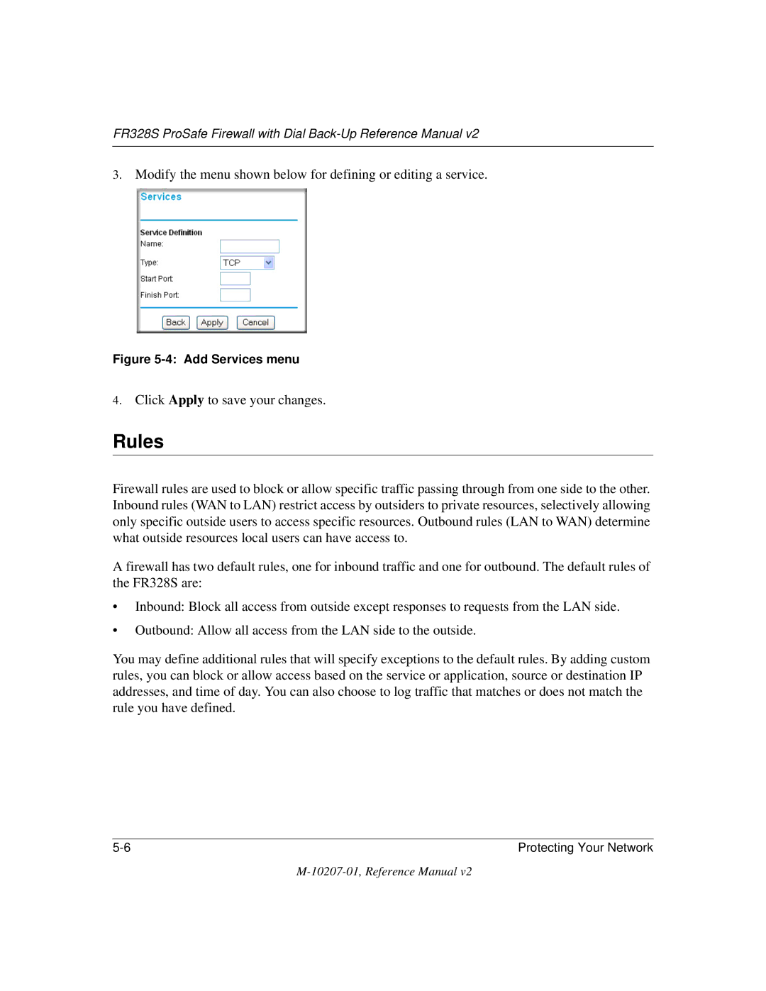 NETGEAR FR328S manual Rules, Add Services menu 