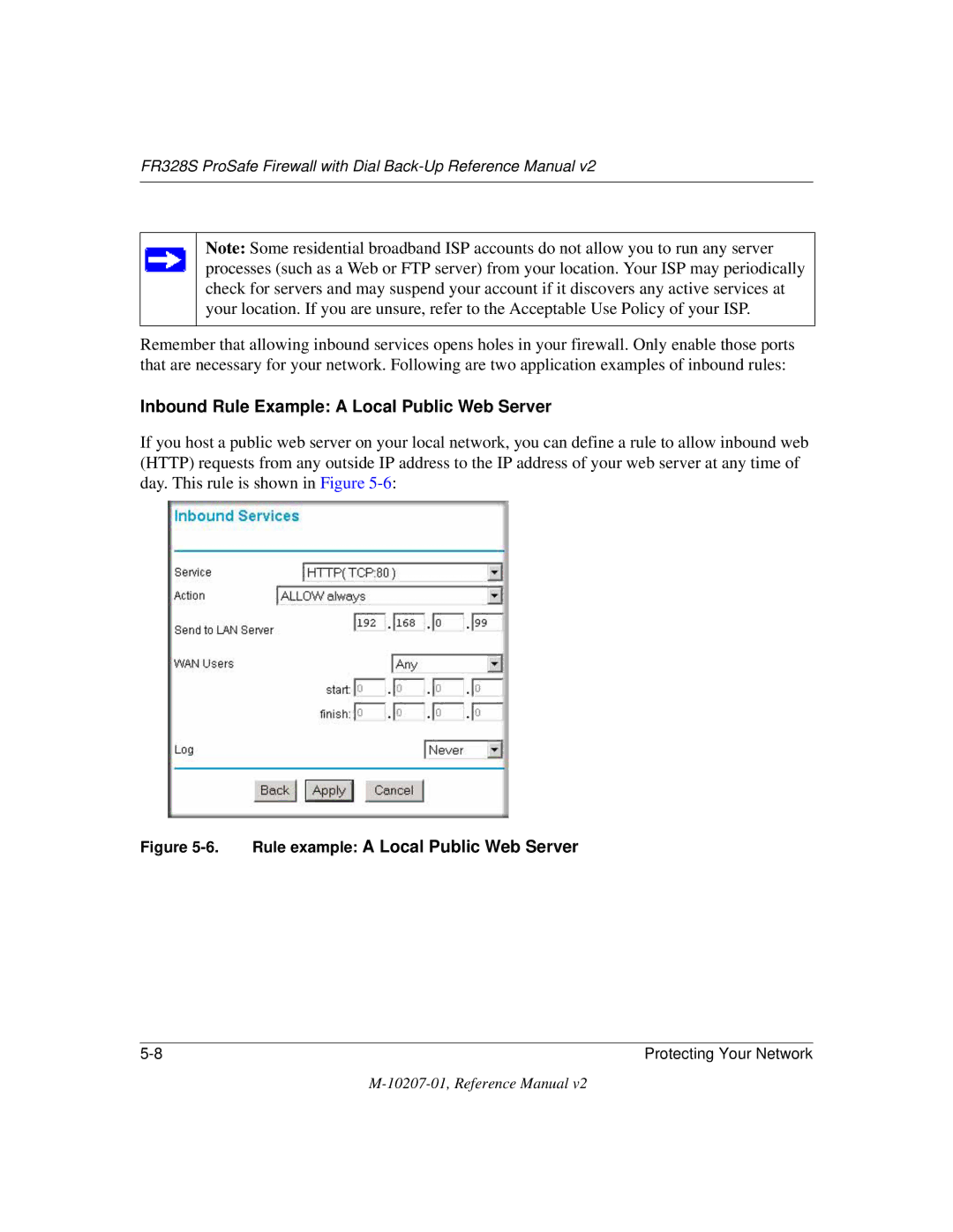 NETGEAR FR328S manual Inbound Rule Example a Local Public Web Server, Rule example a Local Public Web Server 