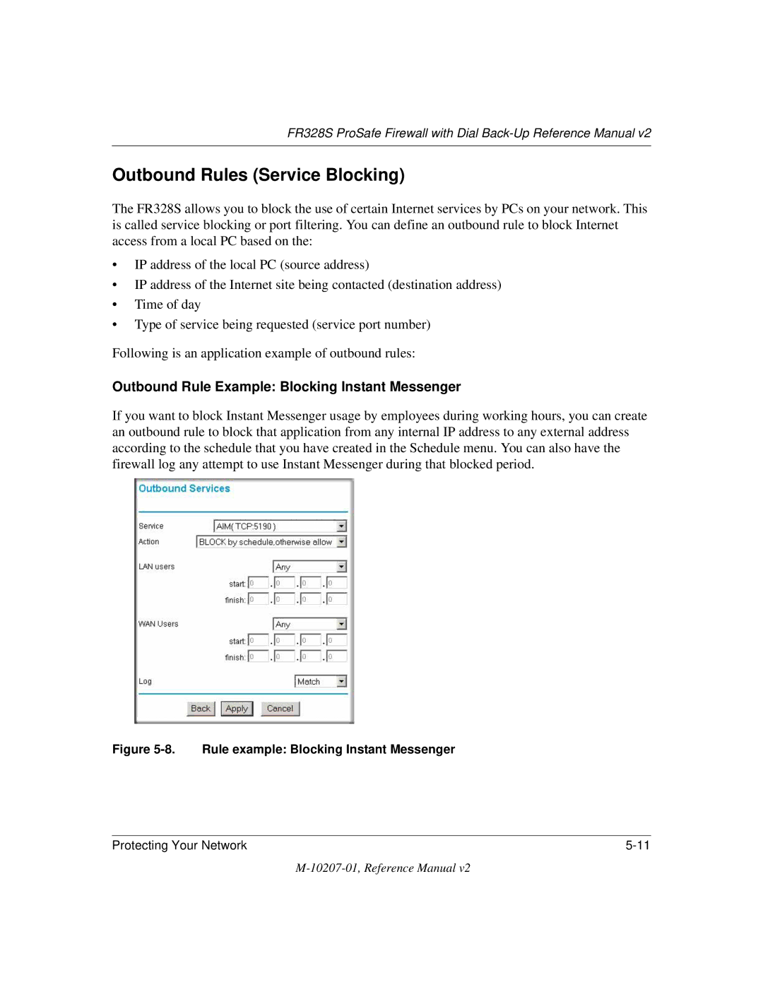 NETGEAR FR328S manual Outbound Rules Service Blocking, Outbound Rule Example Blocking Instant Messenger 