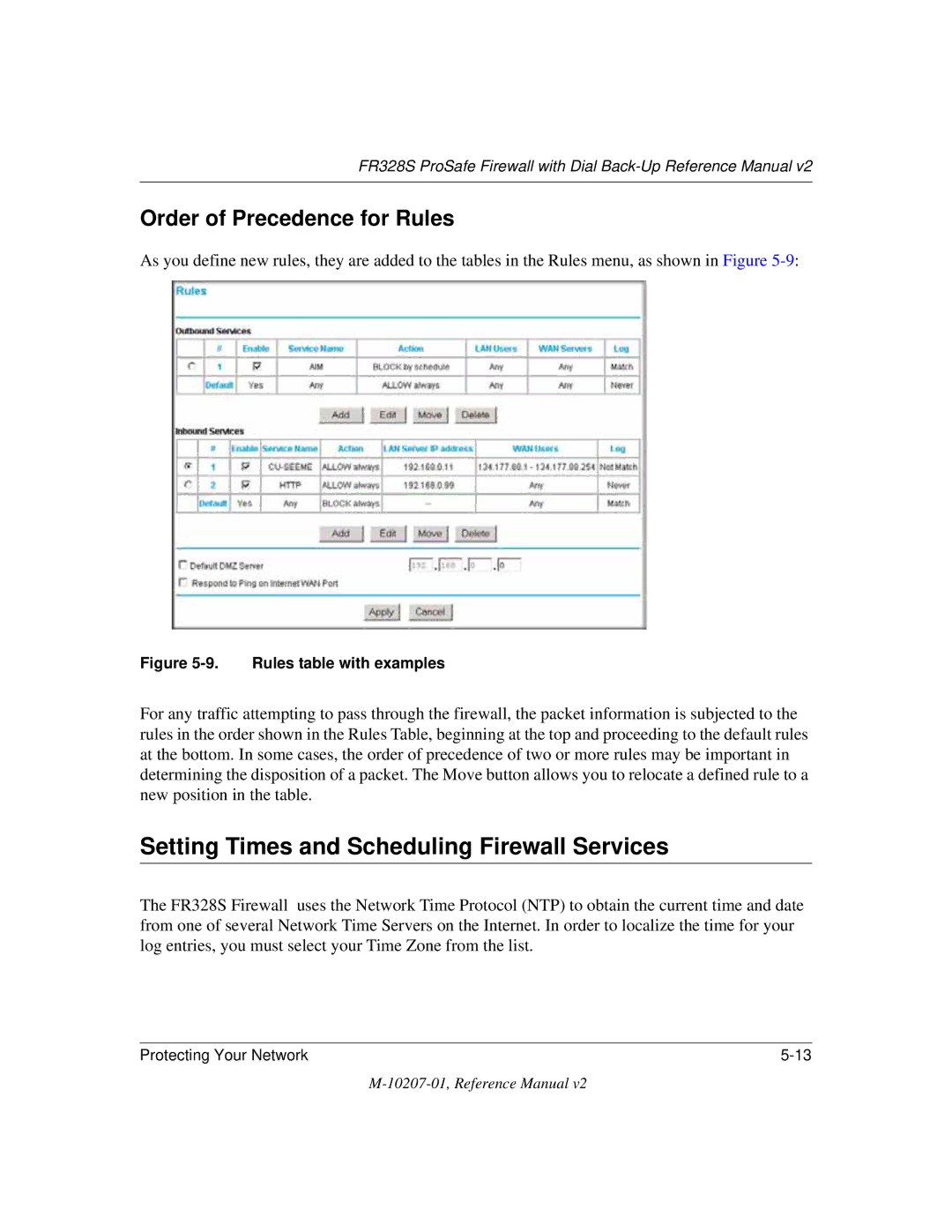 NETGEAR FR328S manual Setting Times and Scheduling Firewall Services, Order of Precedence for Rules 