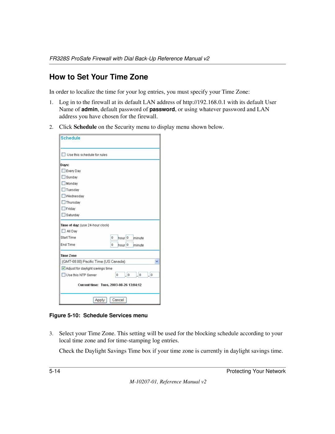 NETGEAR FR328S manual How to Set Your Time Zone, Schedule Services menu 