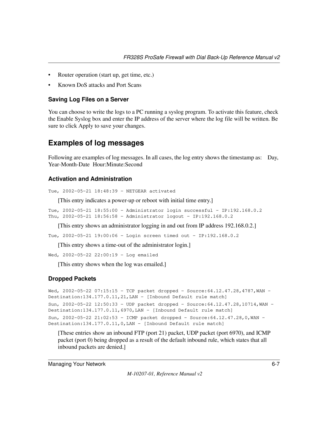 NETGEAR FR328S Examples of log messages, Saving Log Files on a Server, Activation and Administration, Dropped Packets 