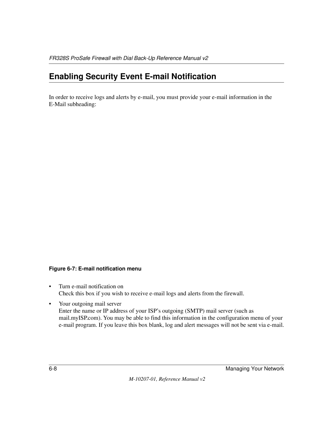 NETGEAR FR328S manual Enabling Security Event E-mail Notification, E-mail notification menu 