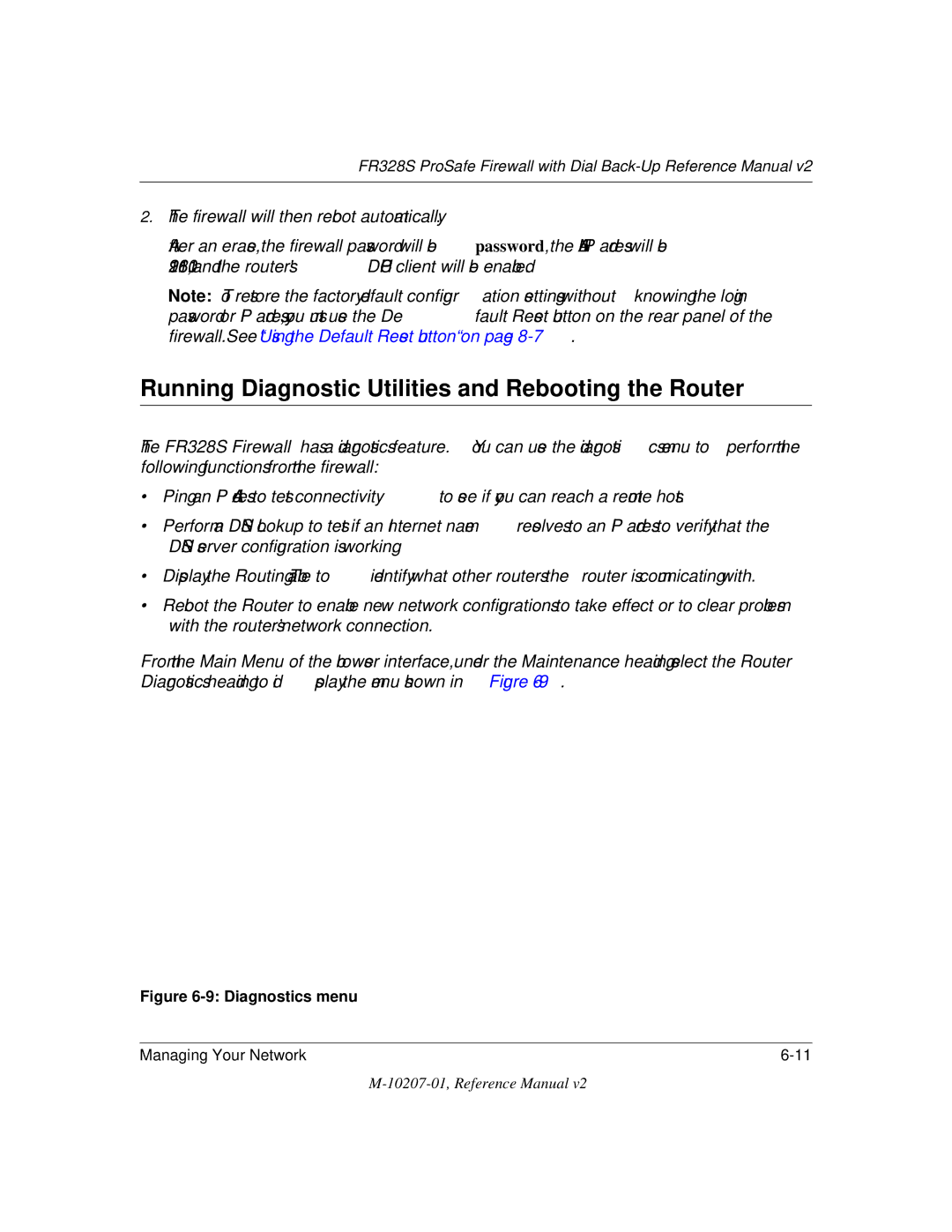 NETGEAR FR328S manual Running Diagnostic Utilities and Rebooting the Router, Diagnostics menu 