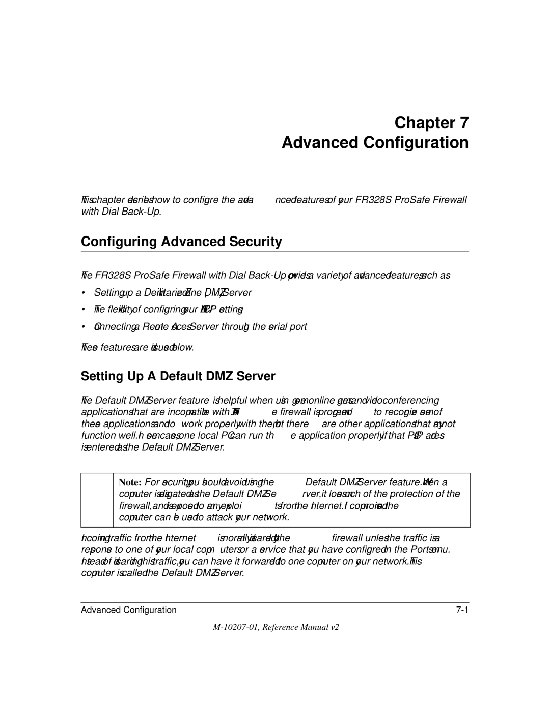 NETGEAR FR328S manual Chapter Advanced Configuration, Configuring Advanced Security, Setting Up a Default DMZ Server 