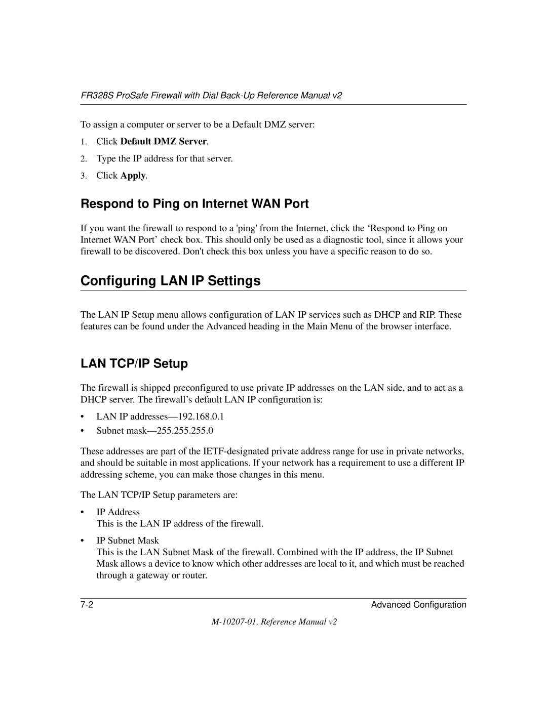 NETGEAR FR328S manual Configuring LAN IP Settings, Respond to Ping on Internet WAN Port, LAN TCP/IP Setup 