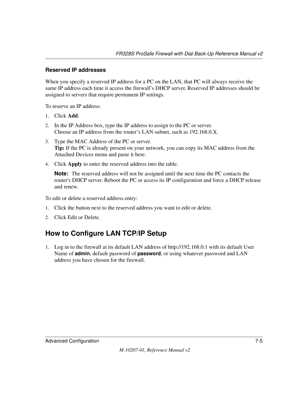 NETGEAR FR328S manual How to Configure LAN TCP/IP Setup, Reserved IP addresses 