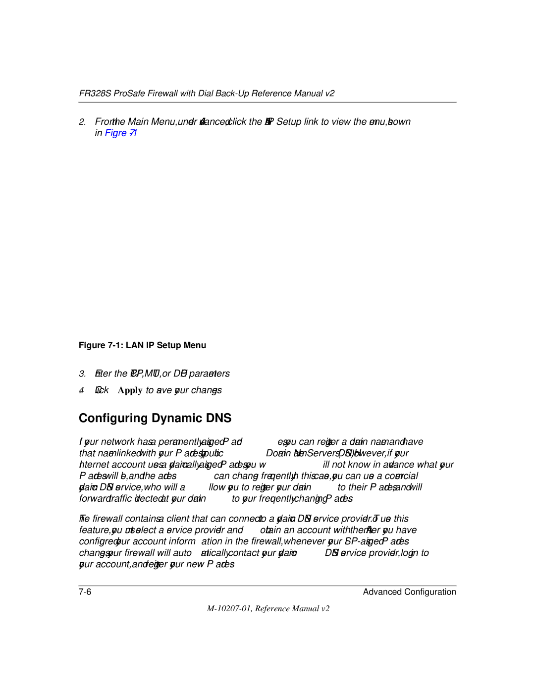 NETGEAR FR328S manual Configuring Dynamic DNS, LAN IP Setup Menu 