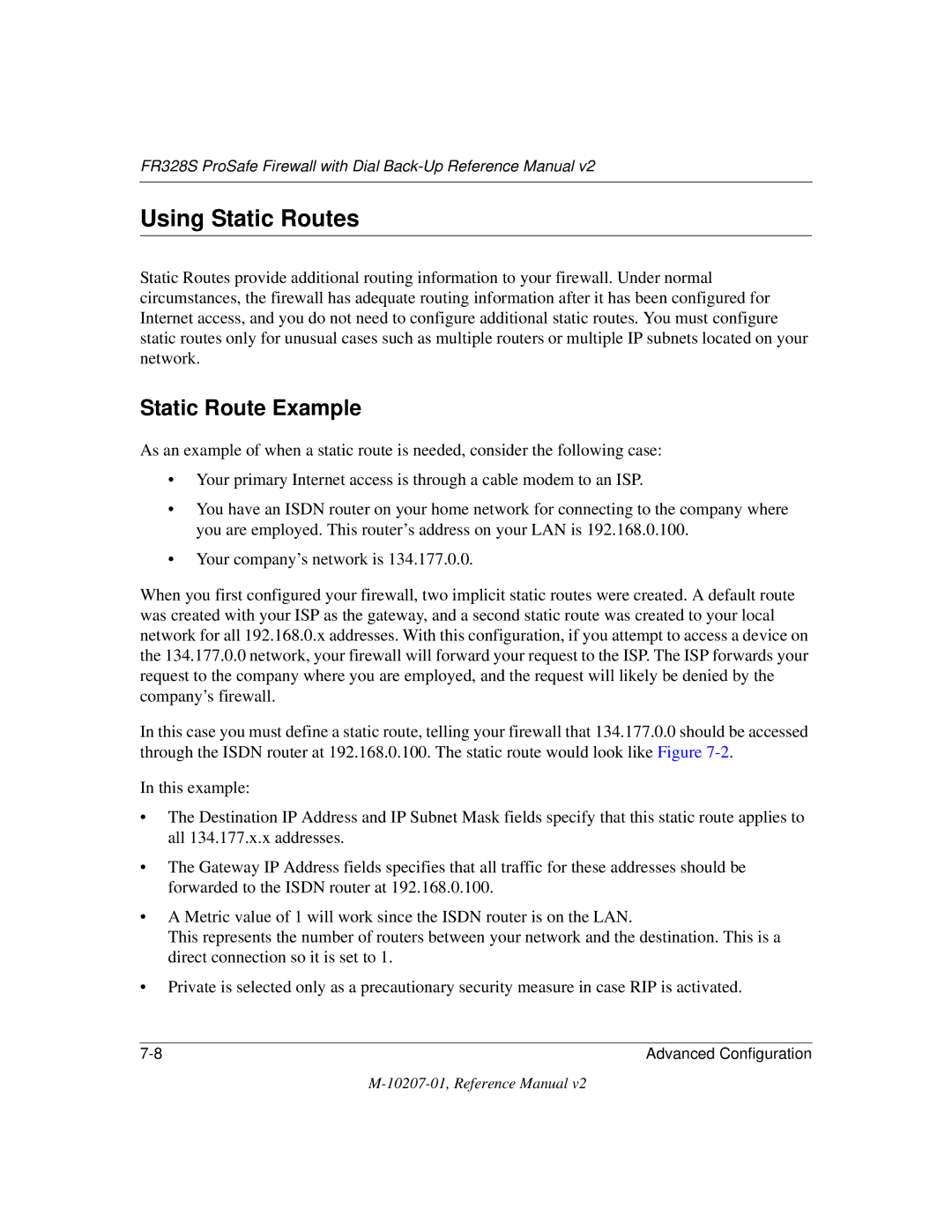 NETGEAR FR328S manual Using Static Routes, Static Route Example 