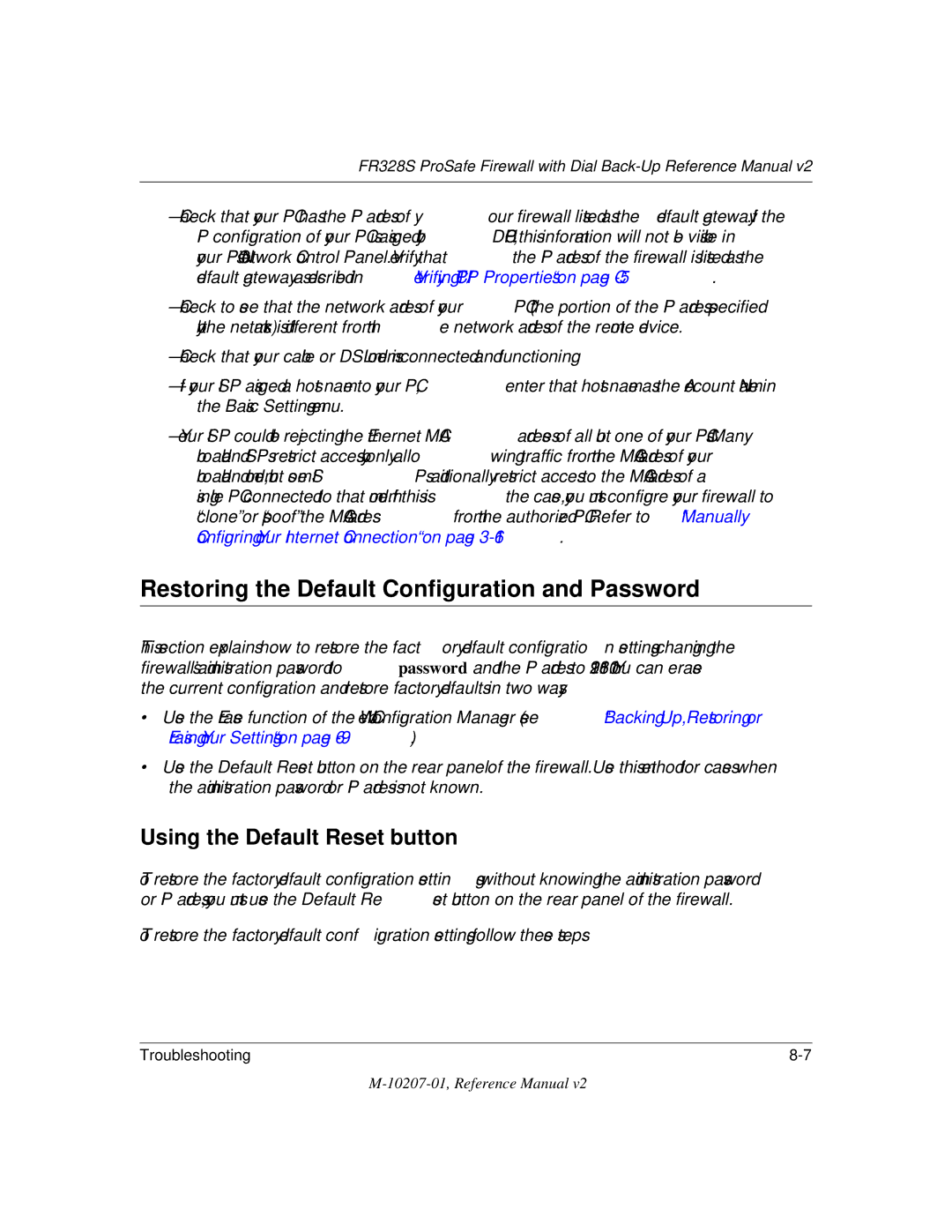 NETGEAR FR328S manual Restoring the Default Configuration and Password, Using the Default Reset button 