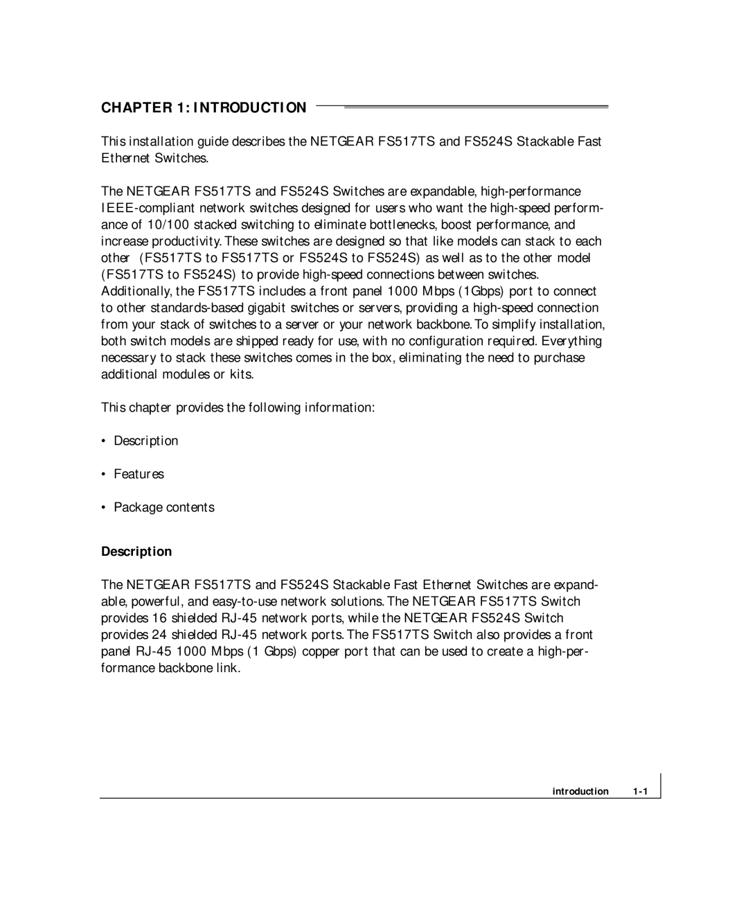 NETGEAR FS 524S, FS 517TS manual Introduction, Description 