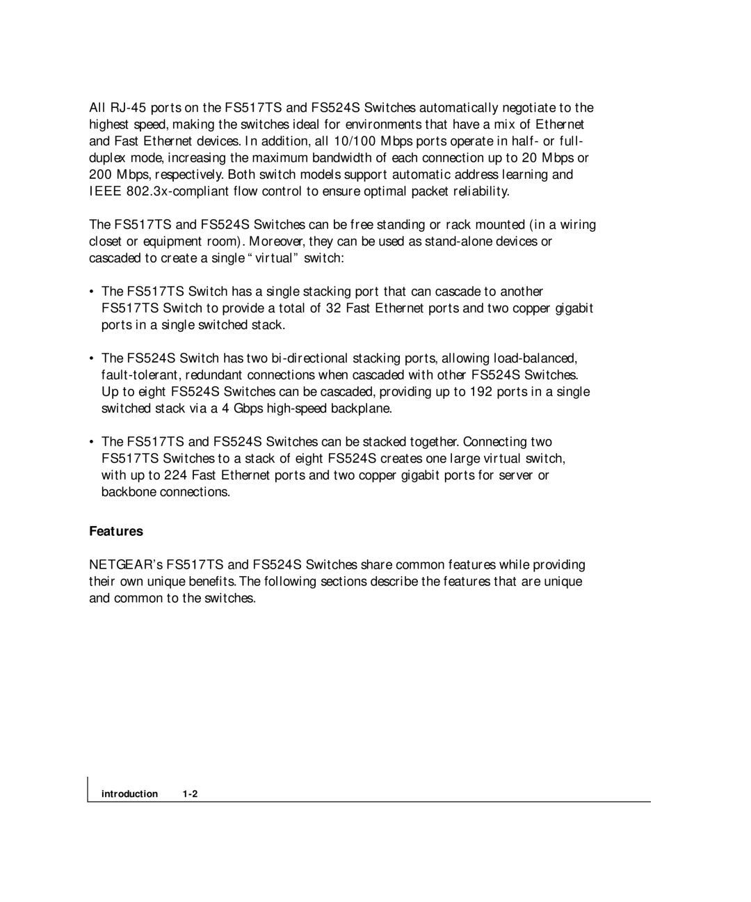 NETGEAR FS 517TS, FS 524S manual Features 