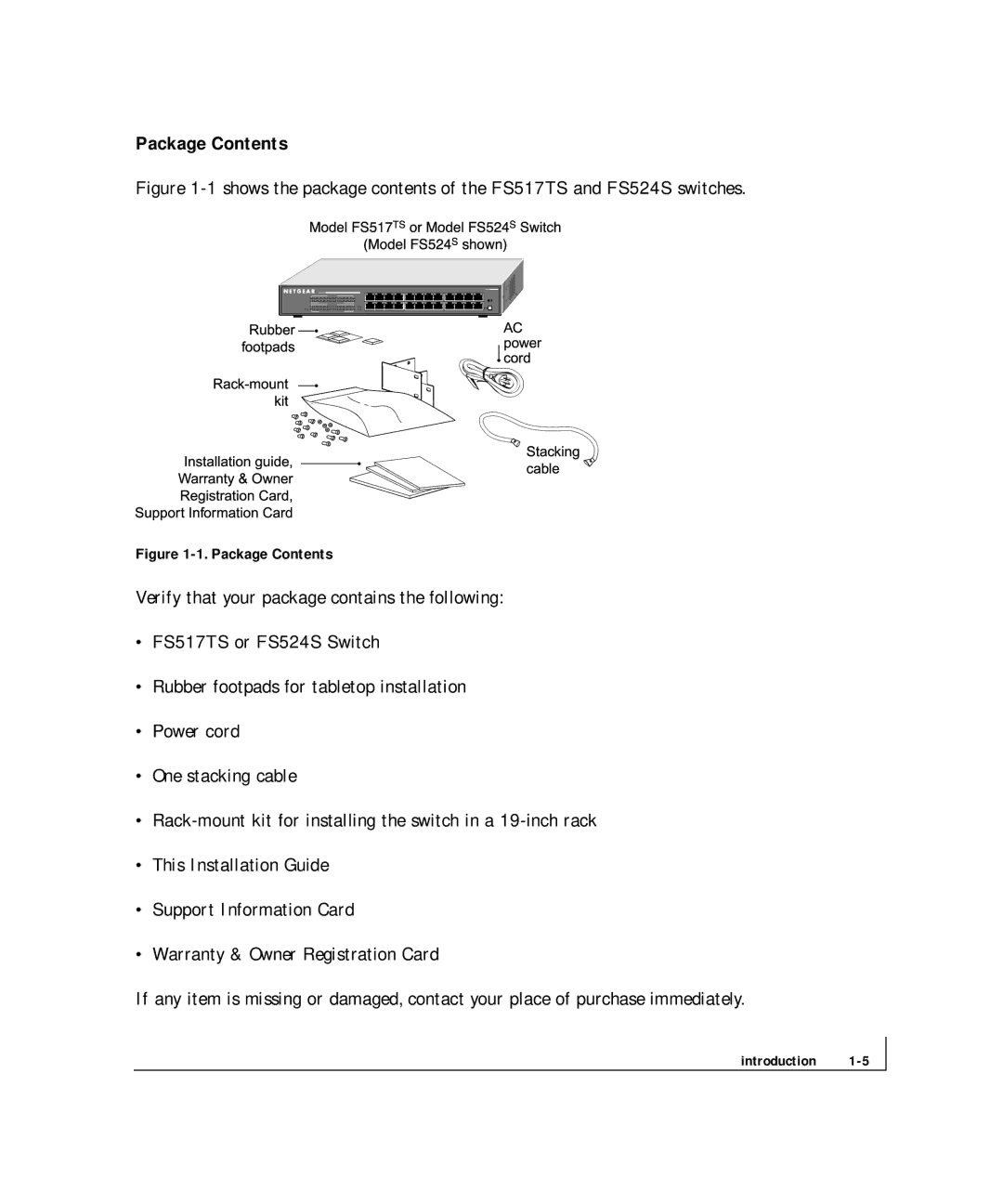 NETGEAR FS 524S, FS 517TS manual Package Contents 