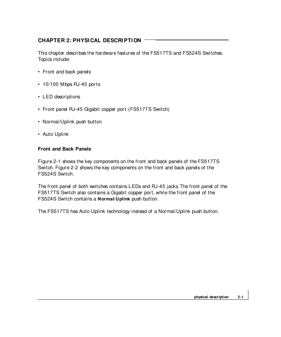 NETGEAR FS 524S, FS 517TS manual Physical Description, Front and Back Panels 