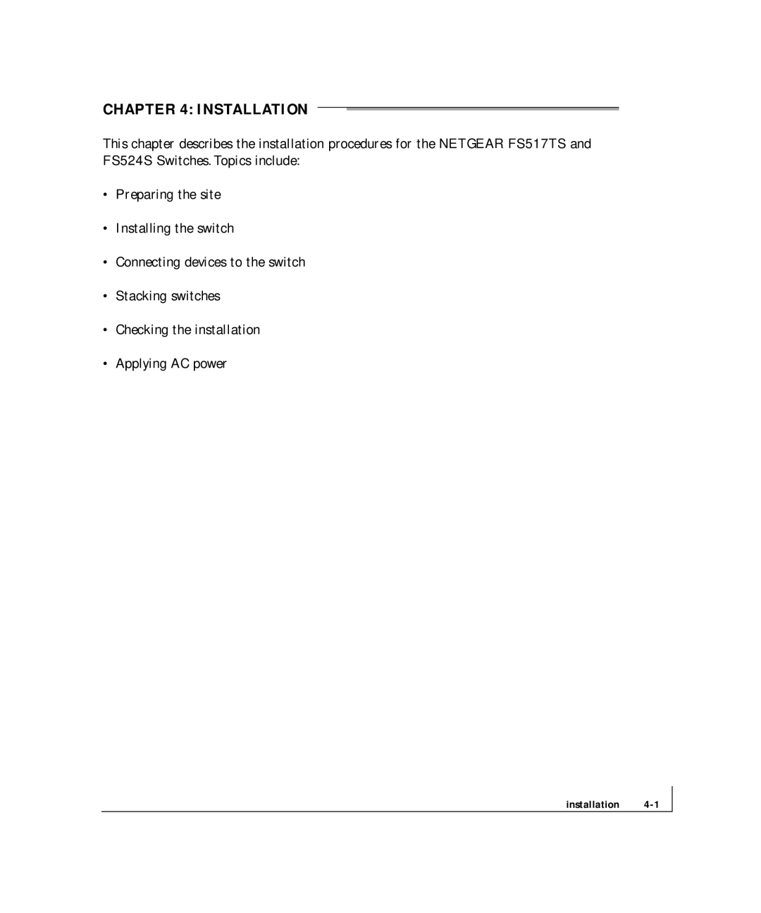 NETGEAR FS 524S, FS 517TS manual Installation 