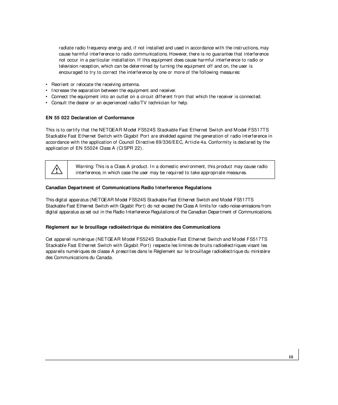 NETGEAR FS 524S, FS 517TS manual EN 55 022 Declaration of Conformance, Iii 