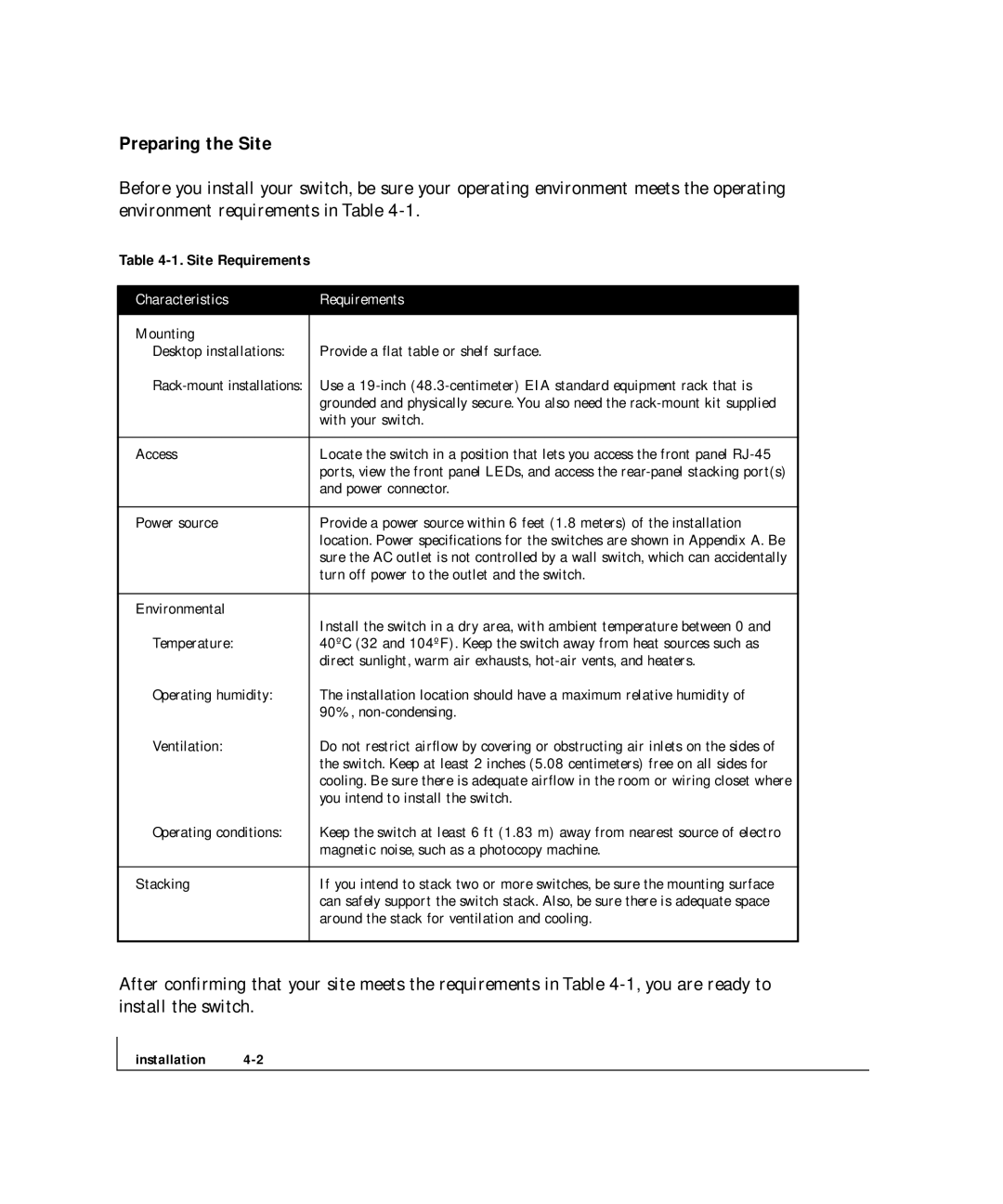 NETGEAR FS 517TS, FS 524S manual Preparing the Site, Characteristics Requirements 