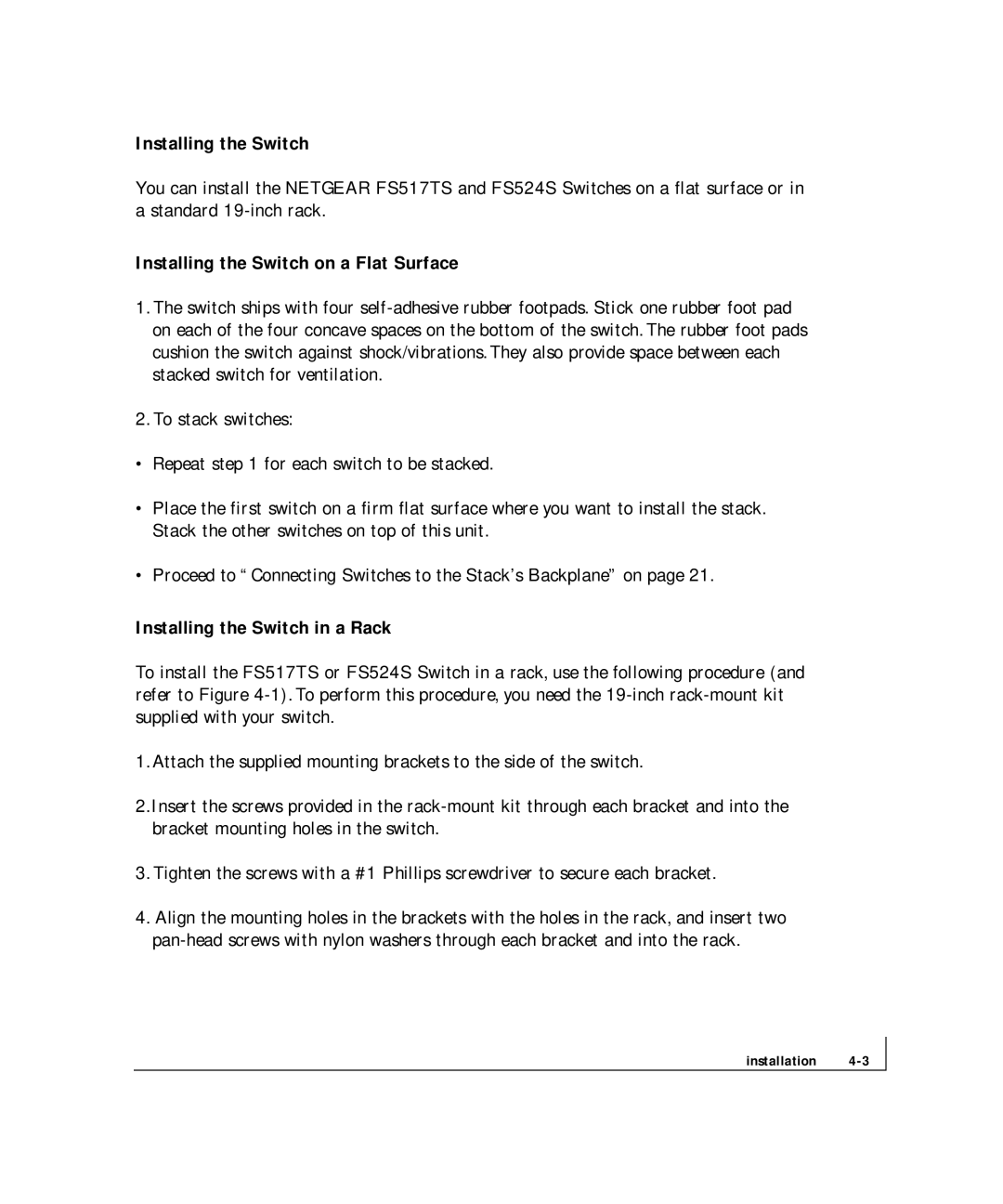 NETGEAR FS 524S, FS 517TS manual Installing the Switch on a Flat Surface, Installing the Switch in a Rack 
