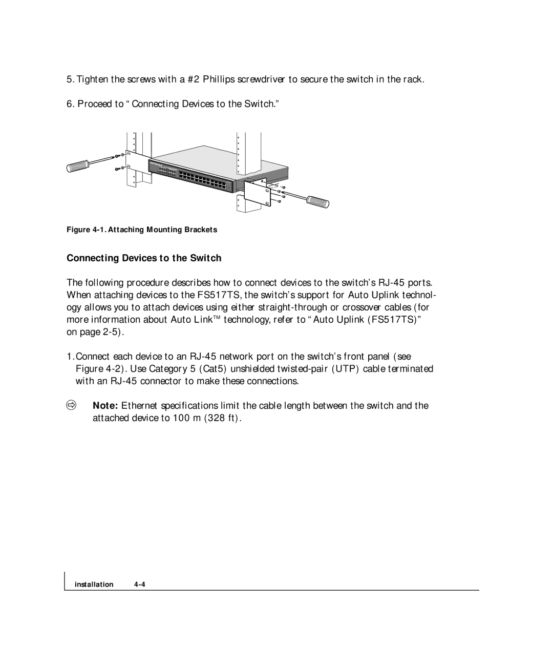 NETGEAR FS 517TS, FS 524S manual Connecting Devices to the Switch, Attaching Mounting Brackets 