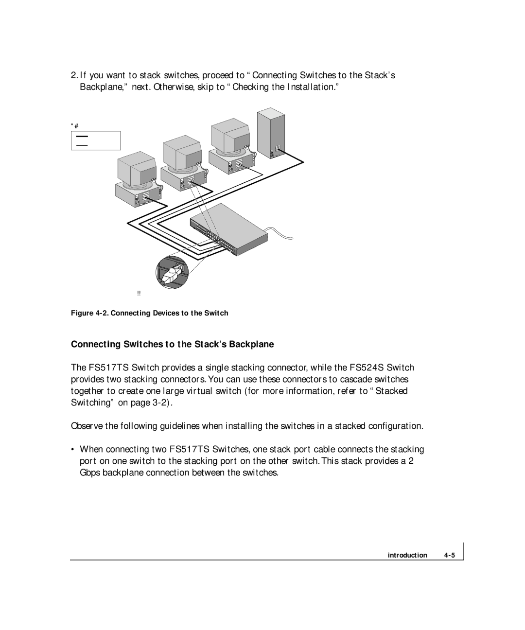 NETGEAR FS 524S, FS 517TS manual Connecting Switches to the Stack’s Backplane, Connecting Devices to the Switch 