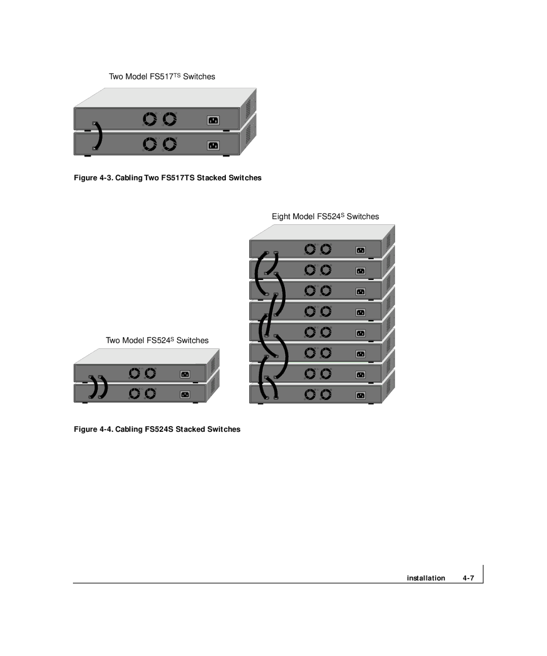 NETGEAR FS 524S, FS 517TS manual Cabling Two FS517TS Stacked Switches 