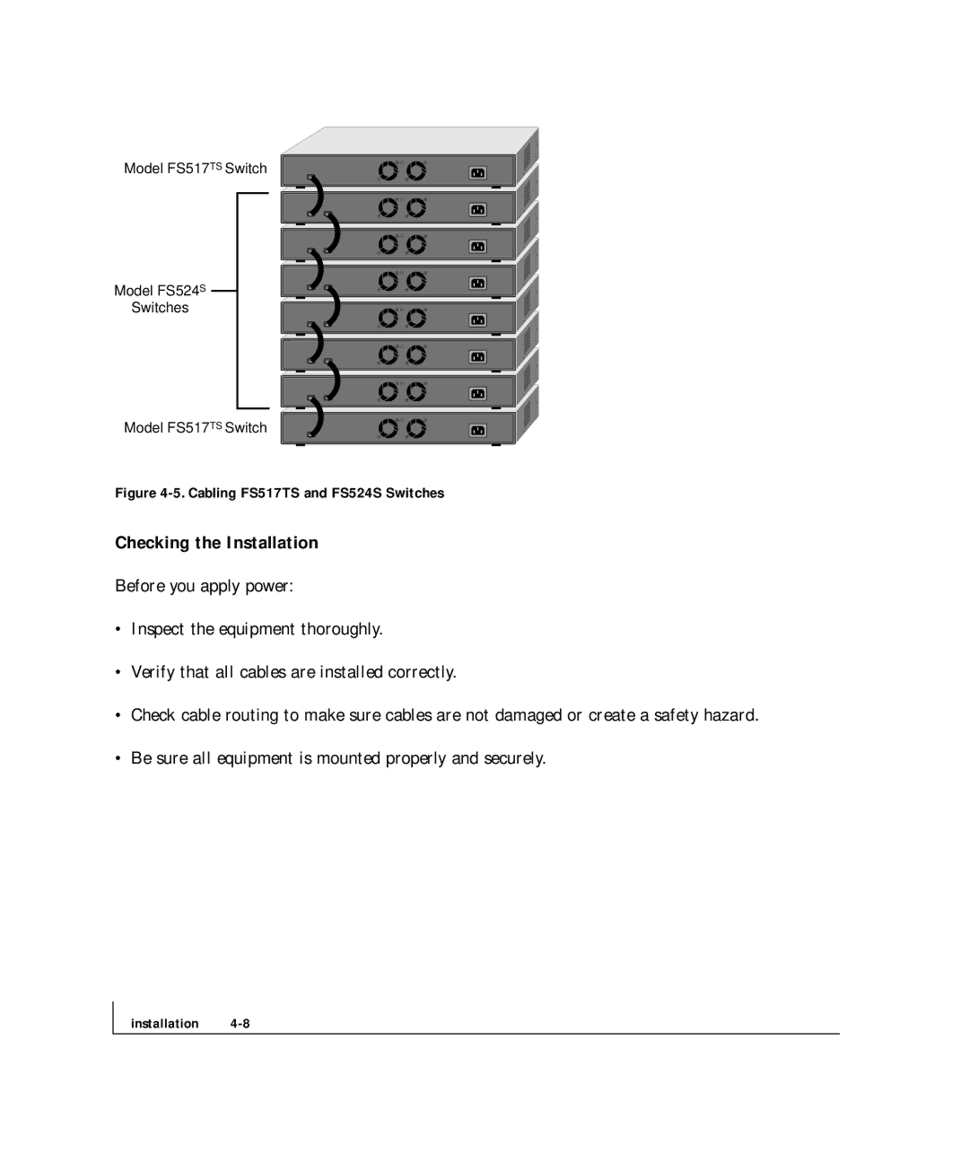 NETGEAR FS 517TS, FS 524S manual Checking the Installation, Cabling FS517TS and FS524S Switches 