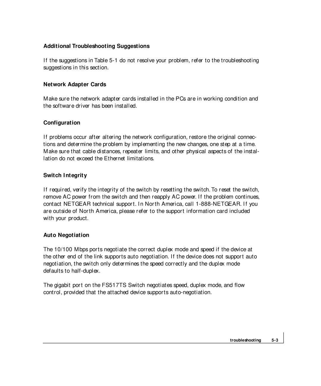 NETGEAR FS 524S, FS 517TS Additional Troubleshooting Suggestions, Network Adapter Cards, Configuration, Switch Integrity 