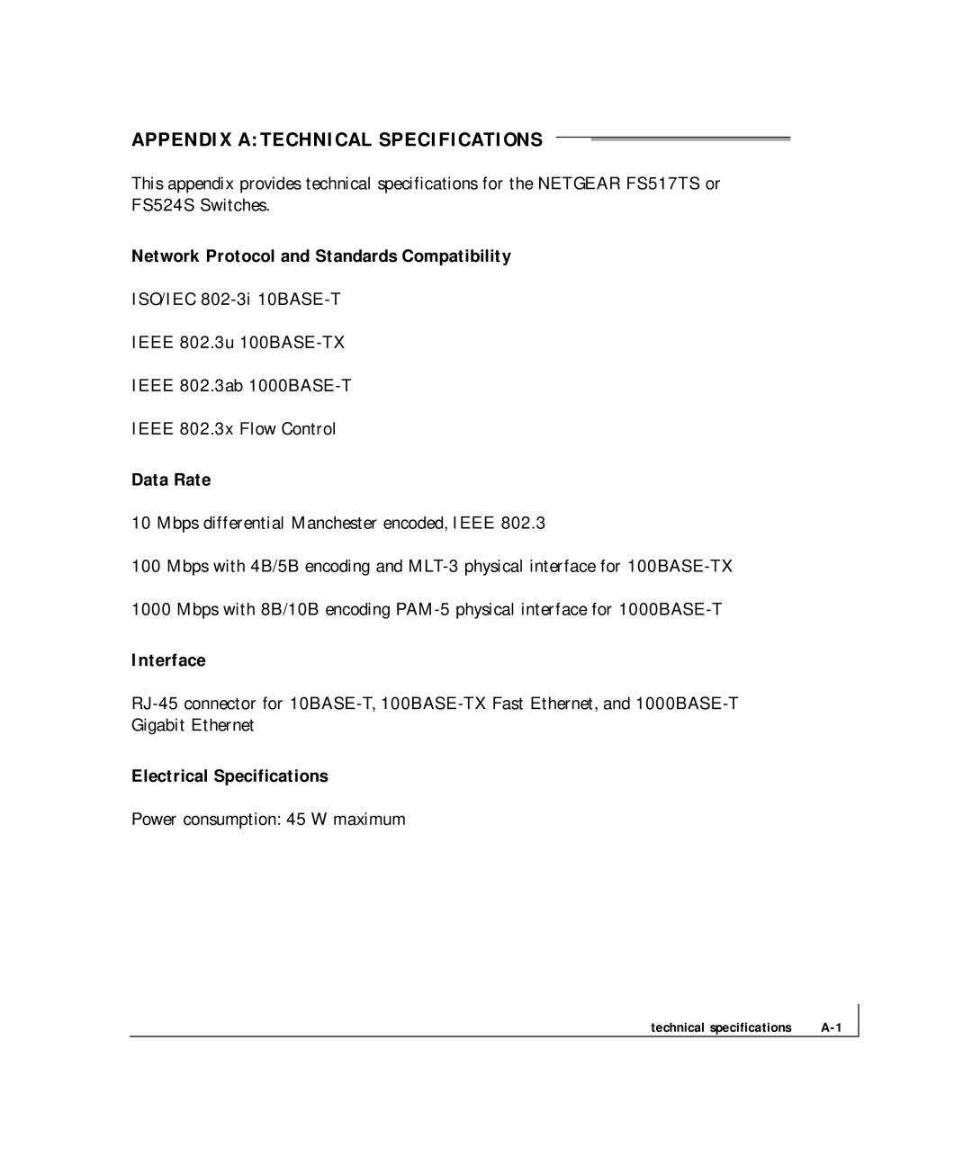 NETGEAR FS 524S Appendix Atechnical Specifications, Network Protocol and Standards Compatibility, Data Rate, Interface 