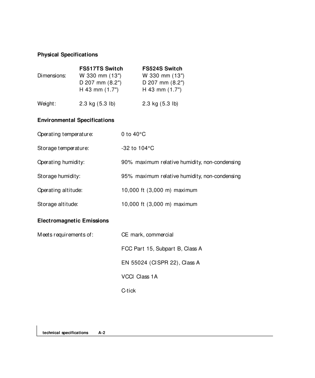 NETGEAR FS 517TS Physical Specifications, FS524S Switch W 330 mm 13 D 207 mm 8.2 H 43 mm, Environmental Specifications 