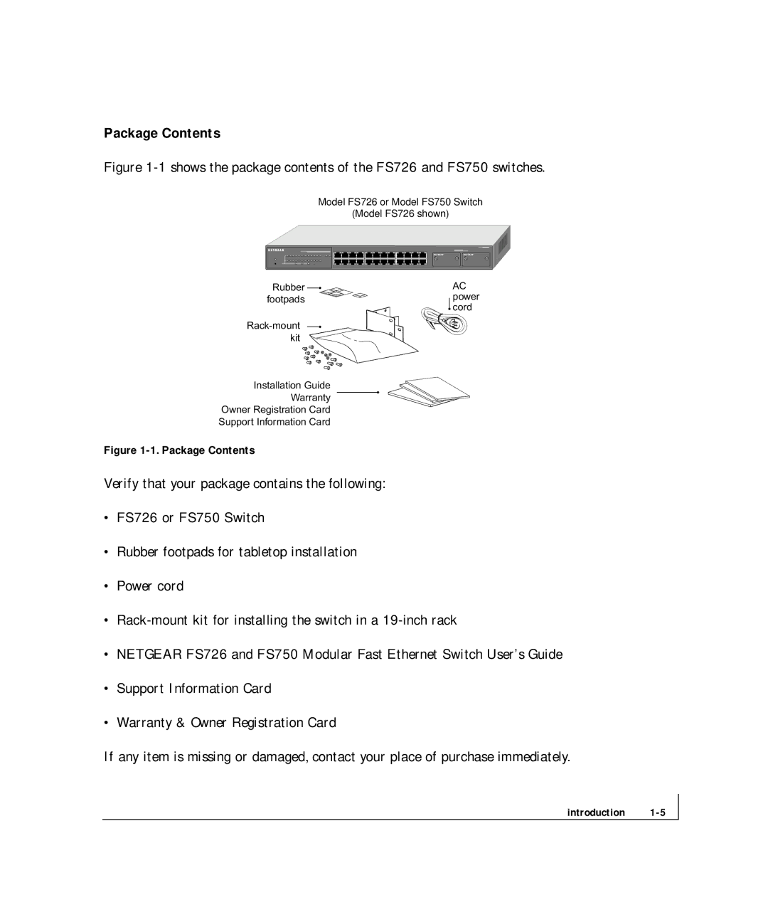 NETGEAR FS 726, FS 750 manual Package Contents 