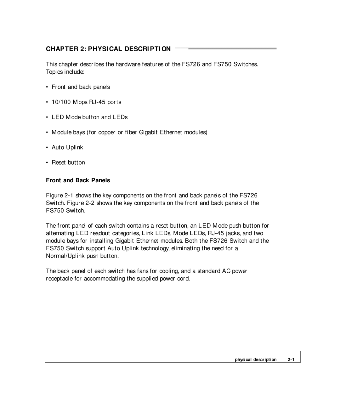 NETGEAR FS 750, FS 726 manual Physical Description, Front and Back Panels 