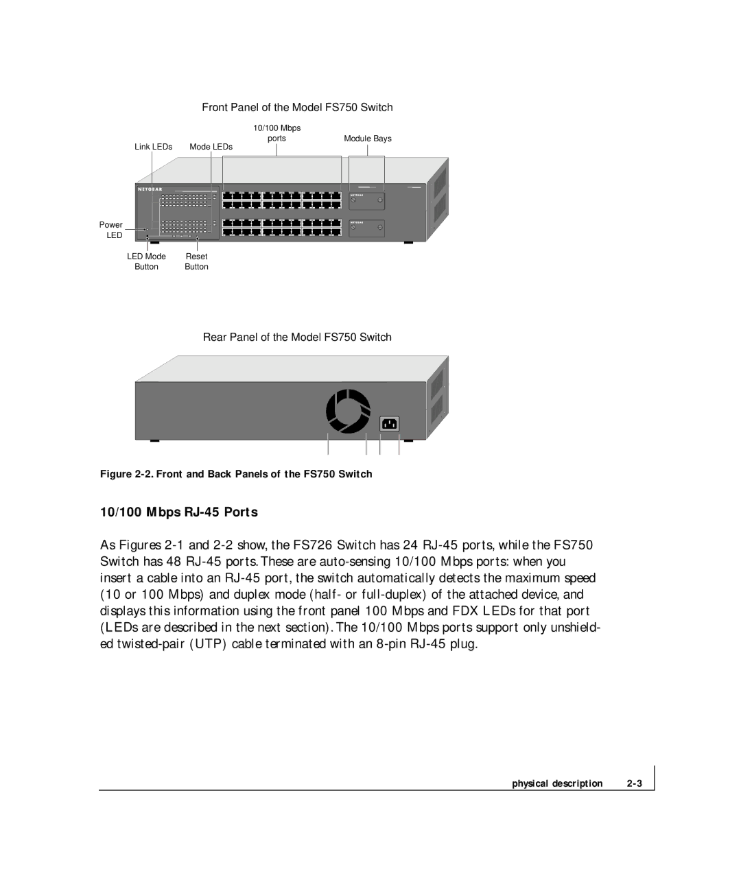 NETGEAR FS 750, FS 726 manual 10/100 Mbps RJ-45 Ports, Front and Back Panels of the FS750 Switch 