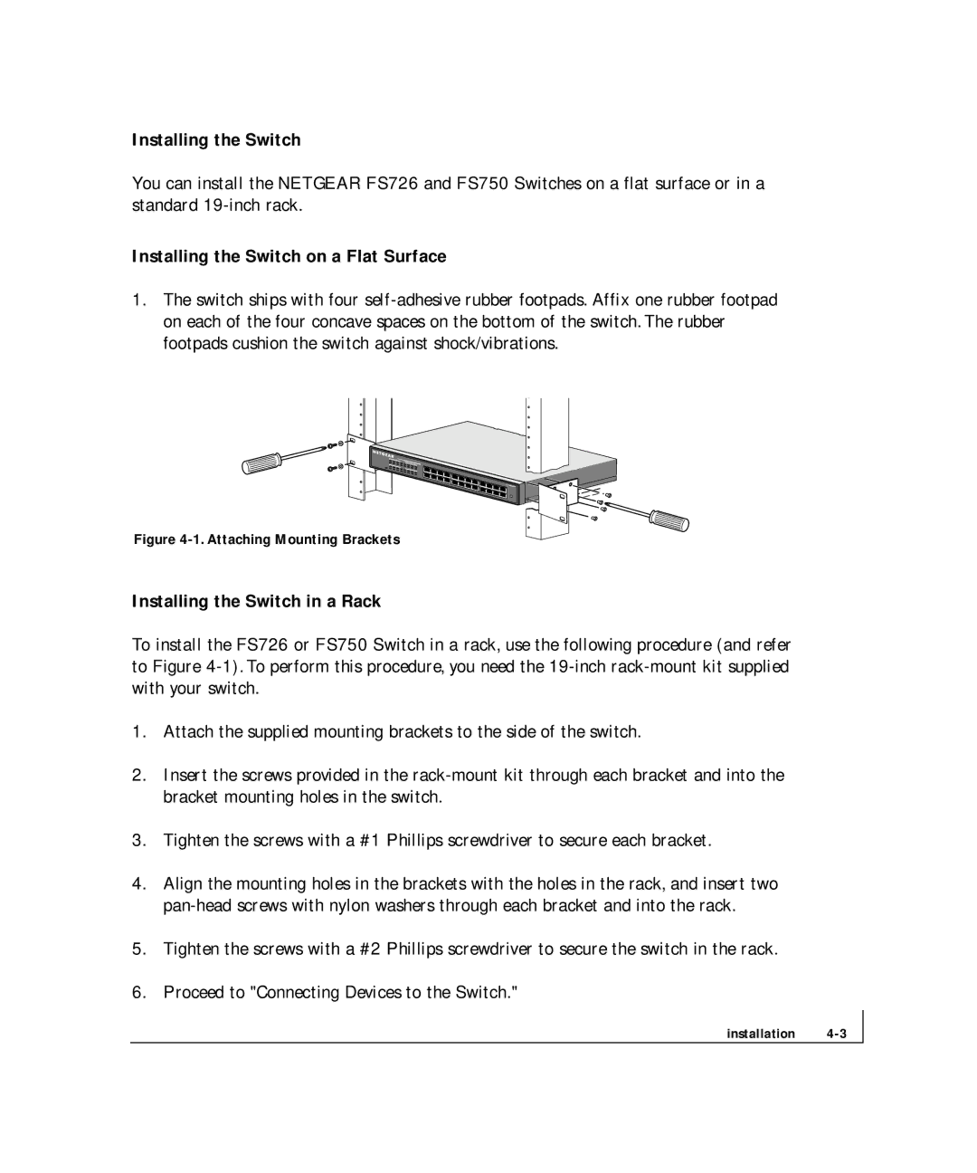 NETGEAR FS 750, FS 726 manual Installing the Switch on a Flat Surface, Installing the Switch in a Rack 