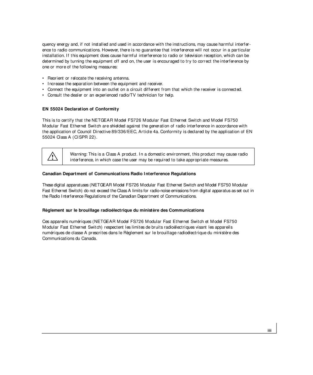 NETGEAR FS 750, FS 726 manual EN 55024 Declaration of Conformity, Iii 