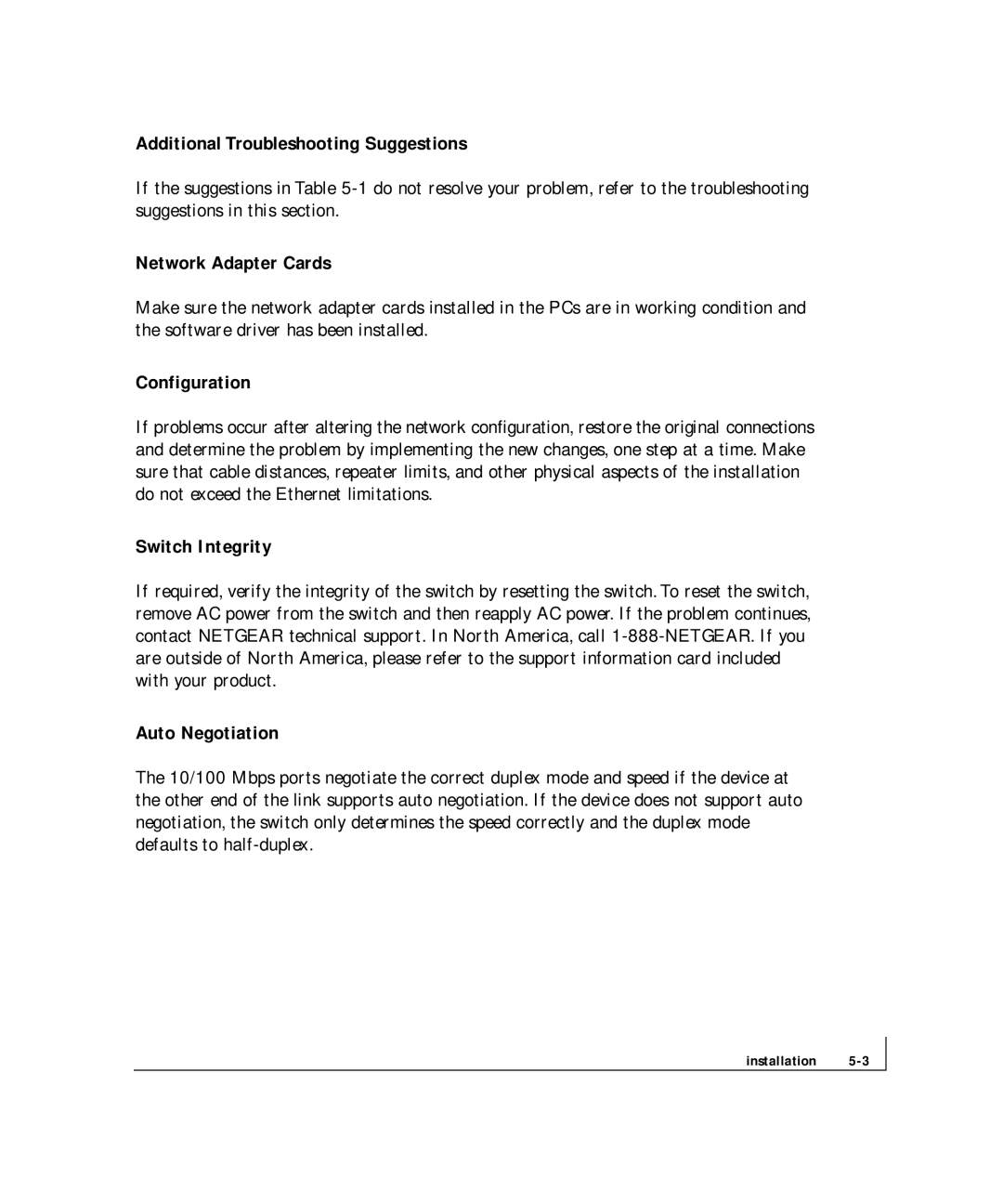 NETGEAR FS 726, FS 750 manual Additional Troubleshooting Suggestions, Network Adapter Cards, Configuration, Switch Integrity 