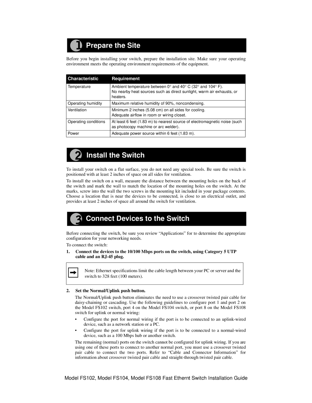 NETGEAR FS102 manual Prepare the Site, Install the Switch, Connect Devices to the Switch 