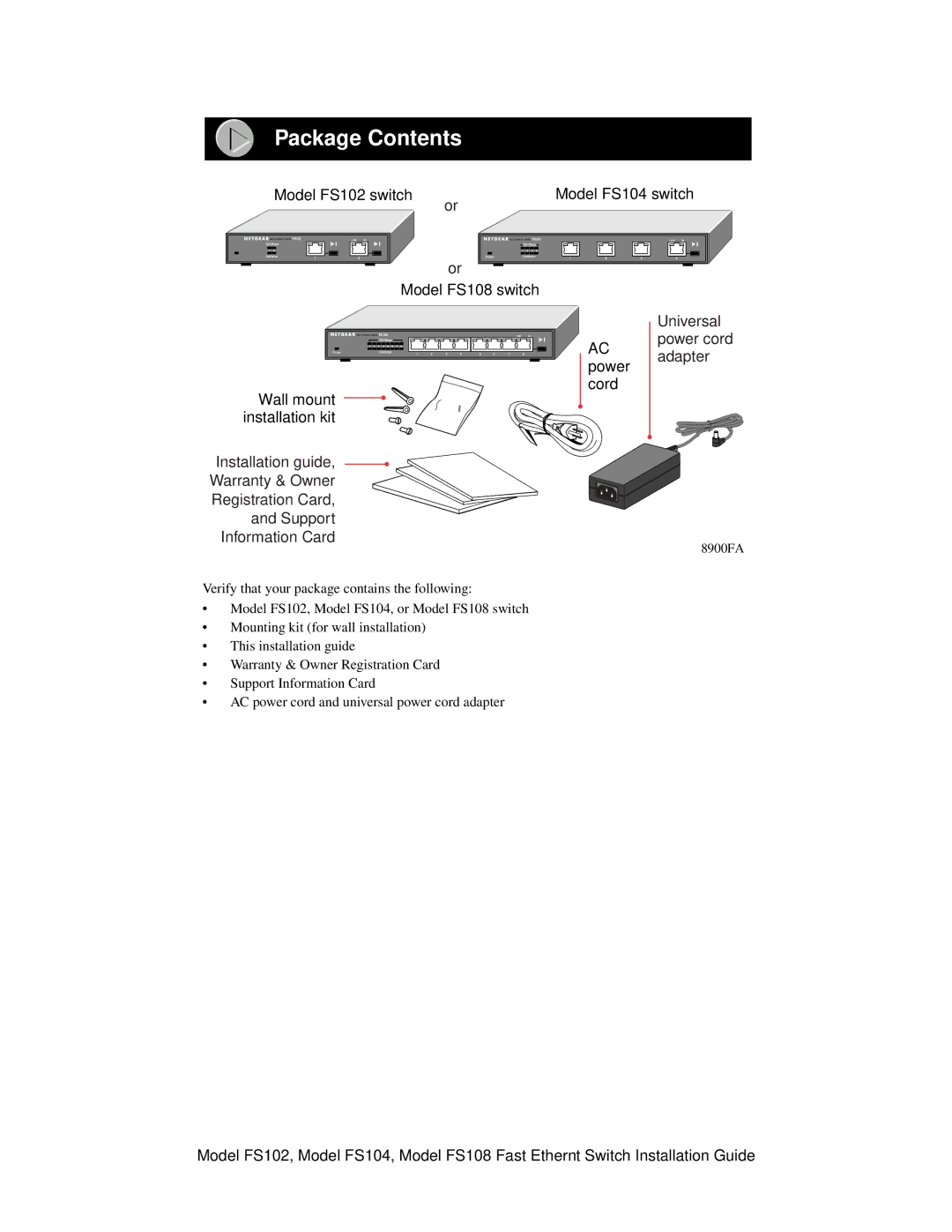 NETGEAR FS102 manual Package Contents 